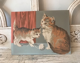 Vintage Cat Paint by Number Picture - Paint by Numbers Kittens with Yarn