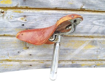 Leather Bicycle Saddle Russian 1950s Bike Saddle, Vintage Genuine Leather Brown Bicycle Restoration Parts, Soviet Union Biker Accessories