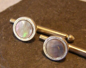 vintage Abalone Pearl Shell SWANK Tuxedo Studs - Formal Shirt Collar Buttons w silver Finish - Bride Groom, mens Fashion WEDDING Jewelry