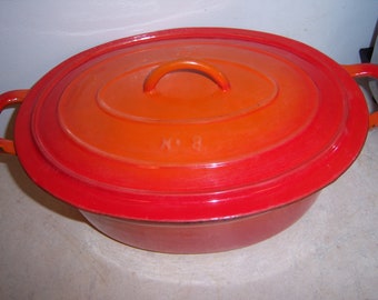 Vintage Kitchen Dutch Oven Cast Iron Enamel 3 Quart Flame Red Orange Ombre Roasting Pan Lid Descoware Belgium