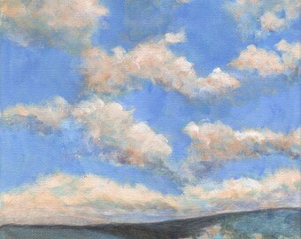 Original Landscape Painting on 8x8 Canvas Clouds Valley Hills Oak Trees Blue