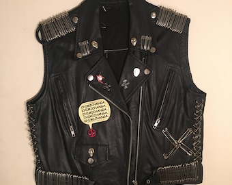 Black Leather Safety Pin Vest (Hand Crafted)