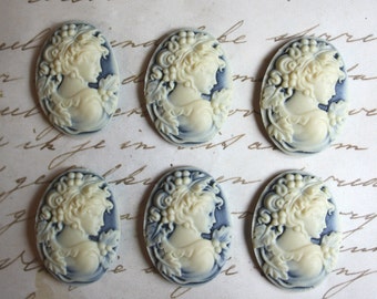 6 unset lady cameos - Ivory on hazy blue - 25x18mm