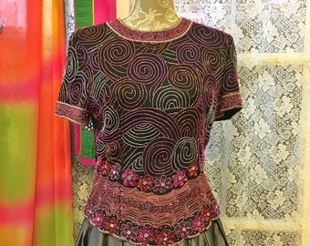 Beaded Silk Blouse Formal Black Silk Blouse Size M Lawrence Kazan Made in India Spiral Design