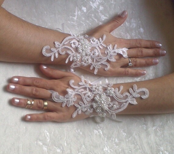 Wedding gloves adorned pearls Ivory bride glove bridal gloves lace gloves fingerless gloves french lace gloves