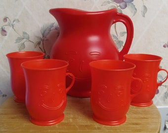 Sale-Vintage NEW Old Stock 1984 Red 2 Quart Plastic KOOL AID Pitcher with 4 Cups Original Box