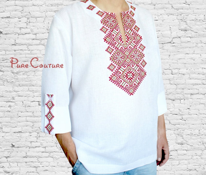 Mens linen shirts short sleeve Mens floral shirt Embroidered