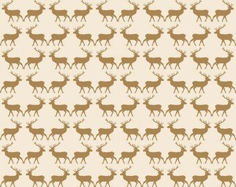 Metallic Gold Reindeer Fabric, Riley Blake Postcards For Santa, SC4753 Gold Deer Fabric, My Mind's Eye, Metallic Christmas Fabric, Cotton