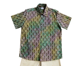 Colorful Men Shirt, Buttondown Hipster Shirt Shortsleeve, Party Shirt Cotton Batik, Boho Men Gift
