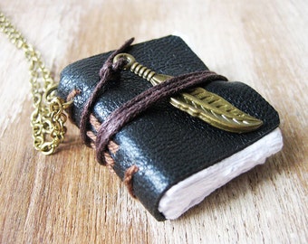 book necklace miniature jewelry mini journal necklace leather journal with feather charm hand stitched journal book pendant charm