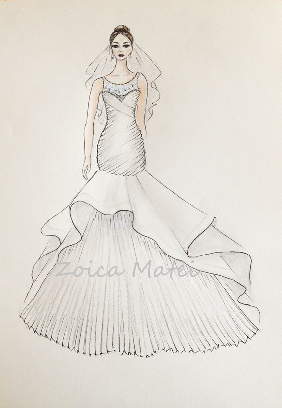 Custom bride portrait original bride with veil drawing