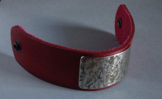Plum Pink Handcrafted Unisex Bracelet Cuff Canadian Made Leather Silver Hand Forged Stainless Steel Wrist Cuff Bracelet Size 8.25"