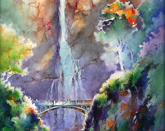 Multnomah Falls- Late Summer Evening- Watercolor Art Print. Columbia River Gorge Waterfall Painting. Oregon Art. Watercolor Waterfall.