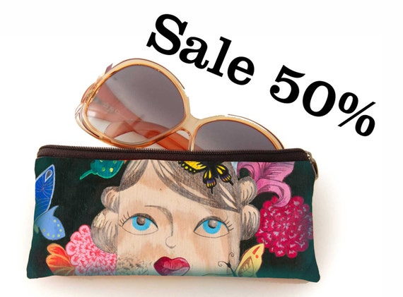 Pencil bag, Thoughts', illustrated, butterfly flower theme, retro, rockabilly, pinup