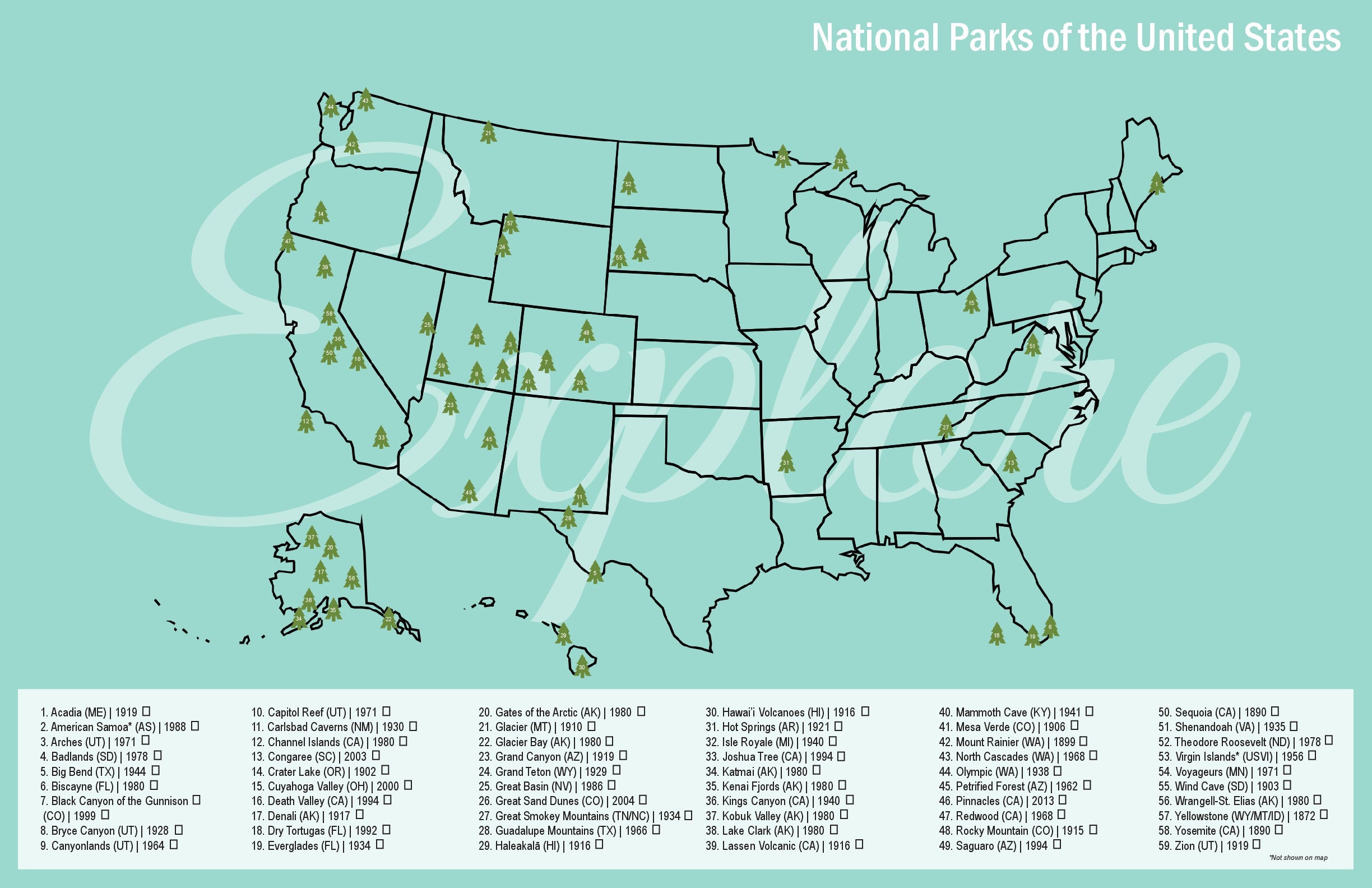 us national park map print travel map 11x17 illustrated