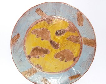 Beaver themed dinner plate - earthenware, handbuilt food safe plate made by Kaitlyn Brennan. Blue and yellow textured dinner plate