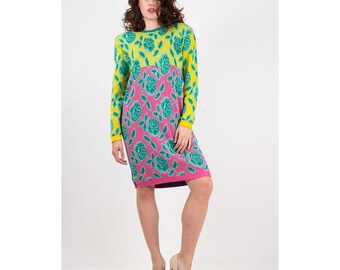 Vintage BETSEY JOHNSON / 1980s Punk Label knit sweater dress / Color block rose print intarsia tunic S M L