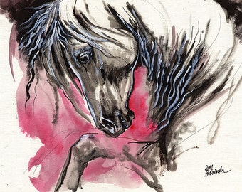Grey andalusian horse, horse art, equine, equestrian, original acrylic painting on paper