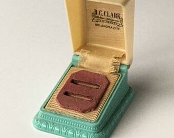 Vintage Ring Box Two Tone Aqua Blue & Cream Wedding Engagement Double Ringbox Jewelry Presentation