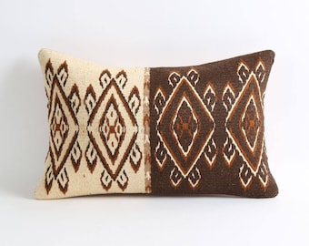Soft kilim pillow cover, kelim kissen, 12x18 kilim pillows brown cream