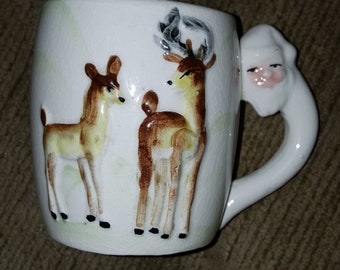 Vintage 1950s Santa Clause handle reindeer mug
