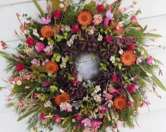 Front Door Wreath "Contemplation" Year Round Wreath, Country Cottage Wreath, Wildflower Wreath, Primitive Wreath, Pink Wreath