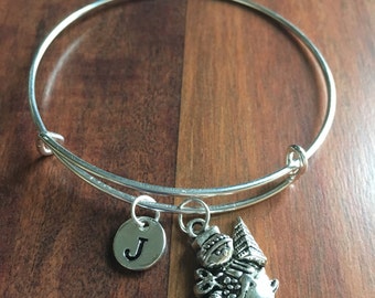 KIDS SIZE - Snowman charm bracelet, Christmas bracelet, snowman jewelry, holiday jewelry, Christmas bangle, winter jewelry, silver bracelet