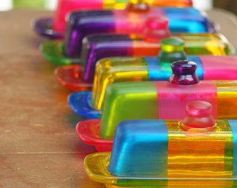 Colorful Glass Butter Dish for your Kitchen/Home Decor/Tabletop/Serving Dish/Fused Glass by Funktini/Home and Living/Holiday Gifts