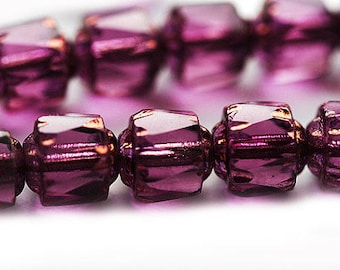 6mm Dark purple cathedral czech glass beads, golden ends, round fire polished beads - 20Pc - 2484