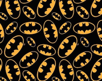 HALF YARD - Tossed Bat Emblems, Cotton Print, Black by David Textiles 100% Cotton SALE