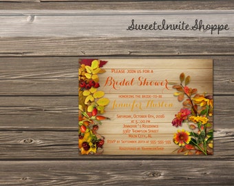 Autumn Fall Bridal Shower Invitation, Rustic Wood Autumn Leaves And Flowers Bridal Shower Invitation, Printable Fall Wedding Shower, DIY
