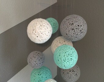 Yarn Ball Mobile in White, Gray and Aqua