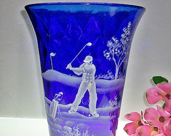 Large Fenton Cobalt Flip Vase With Mary Gregory Style "Golfer" Decoration