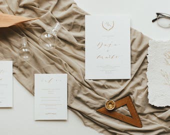 Gold Foil Minimalistic Chick Modern Wedding Invitation Suite With Custom Wreath