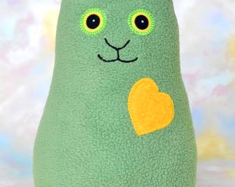 Handmade Cat, Stuffed Animal Plush Kids Baby Doll Art Toy, Hug Me Kitten, Personalized Hang Tag, Sage Green, Gold Fleece, 9 inch