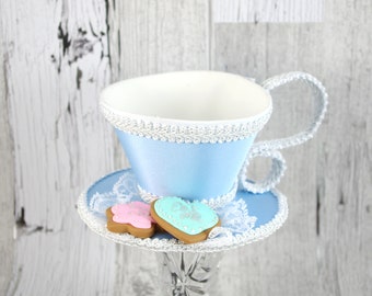Light Blue and White with Mint and Pink Cookies Tea Cup Fascinator Hat, Alice in Wonderland Mad Hatter Tea Party, Derby Hat