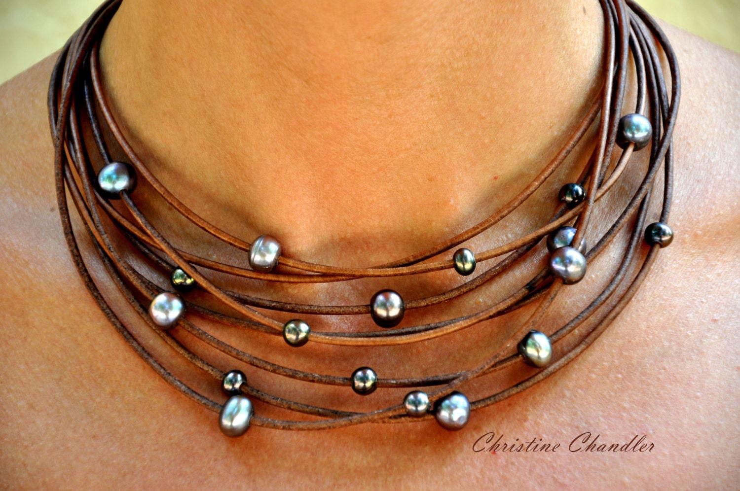Pearl and Leather Necklace MultiStrand Brown with Peacock