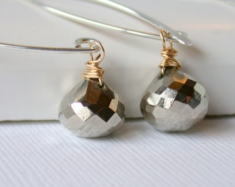 Pyrite Drop Earrings. Threader Hoops. Dangle. Artisan. Jewelry.
