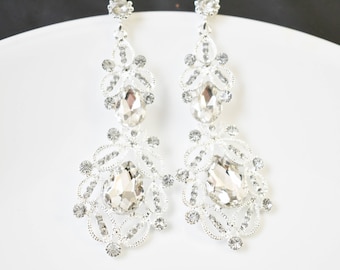 Long Crystal Wedding Earrings, Bridal Earrings, Gold Wedding Earrings, Silver Wedding Earrings, Wedding Jewelry, Water drop Earrings