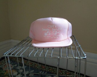 Pink Vintage Trucker hat 80s Cliff's Septic Service Pink and white baseball Cap foam and mesh snapback vintage hat 80s Adjustable snap back