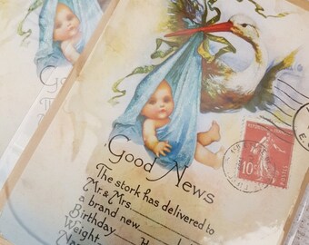 Baby Boy & Girl Vintage announcement postcards with envelopes Baby Ephemera for scrapbooking Baby Journaling cards Greeting card supplies