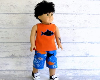 American Boy Doll Shark Shorts and Tank Top, 18 inch Boy Doll Board Shorts & Muscle Tee