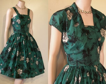 Gorgeous 1950s print full skirted dress w/ bolero waist 23 1/2" great print