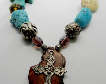 Chunky Turquoise Necklace Western Cross Necklace Turquoise Chunky Jewelry Statement