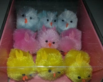 9 XL Spring Easter Chenille Chicks Blue, Pink and Yellow 1 5/8 in x 1 1/4 in. x 2 in