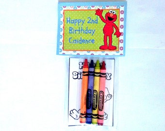 24 Sets of Personalized Sesame Street Elmo Birthday Party Favor Bags with mini coloring pages and crayons