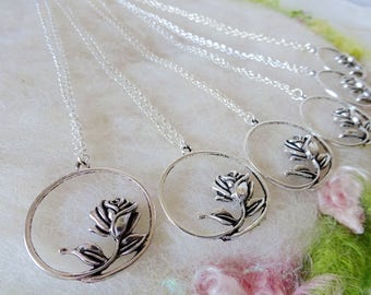 Rose Bud Necklace 6 Silver Bridesmaid Wedding Party Shower Gifts Rose Pendant Detailed Rose Silver Circle Small Chain