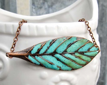 Leaf Necklace gardener gift Bohemian jewelry rustic copper patina Pendant necklace