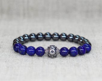 Blue lapis lazuli hematite gemstone jewelry Taurus constellation celestial zodiac bracelet Men women personalized gift idea for mom dad wife