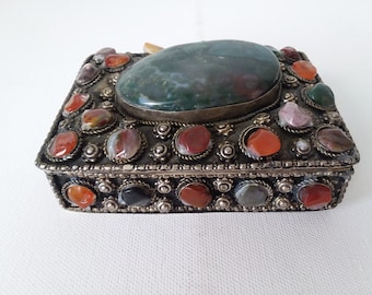 Bohemian Trinket Box-Large Center Jasper Stone-Multi Stone-4.25" x 3.5"-1" height